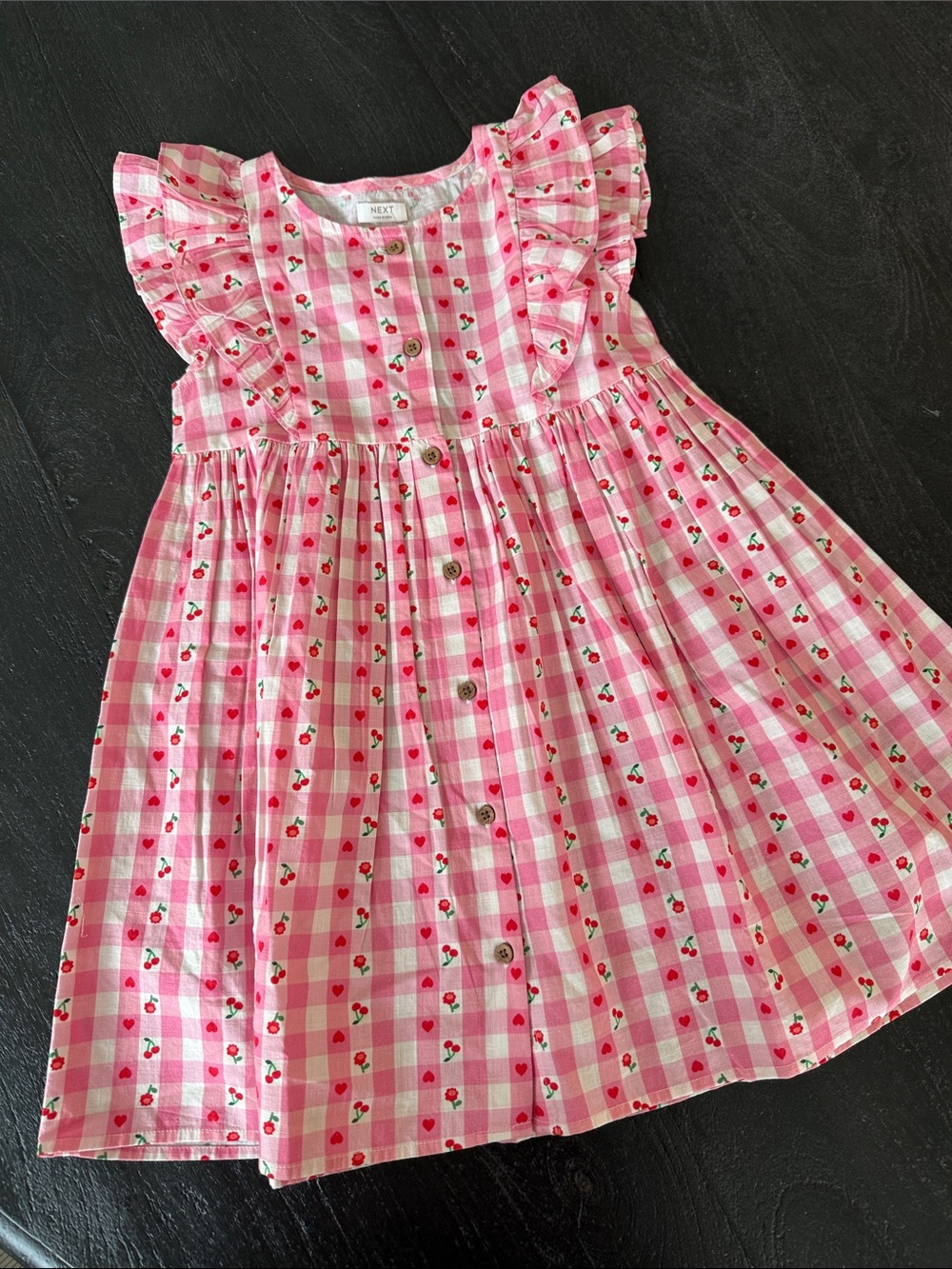 next Pink Gingham Dress with Cherry Print and Ruffle Sleeves